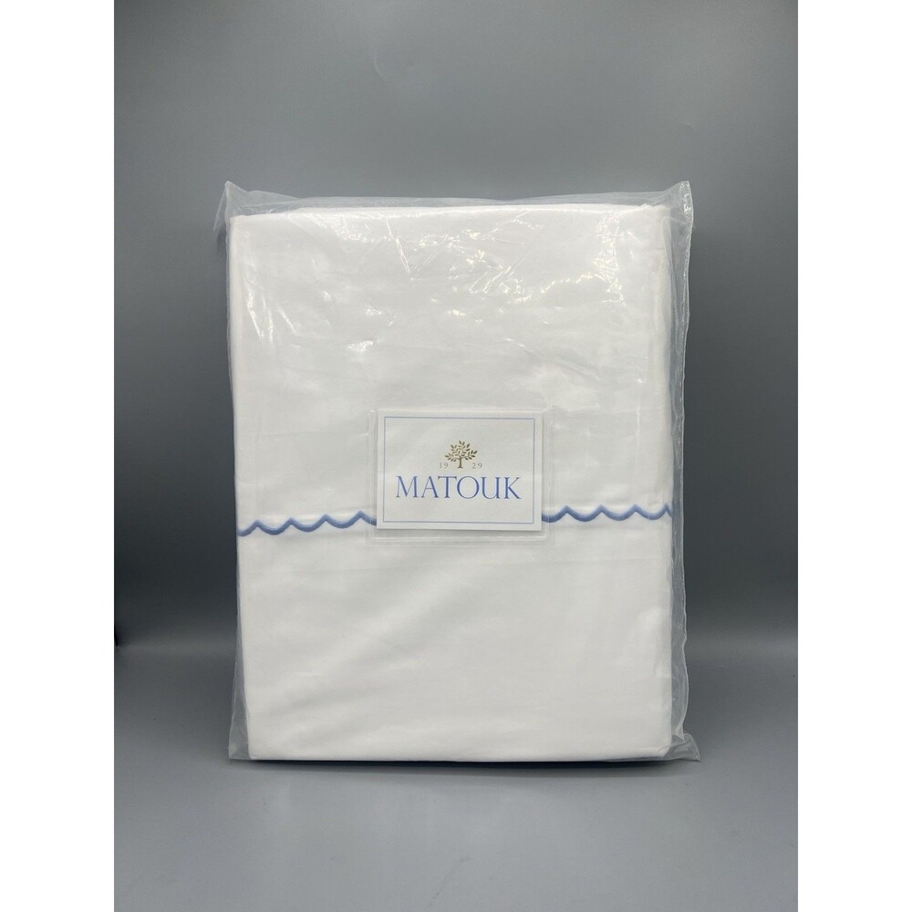 Matouk Astrid Cotton Percale King Duvet Cover Set White/Azure Blue - NWT $800